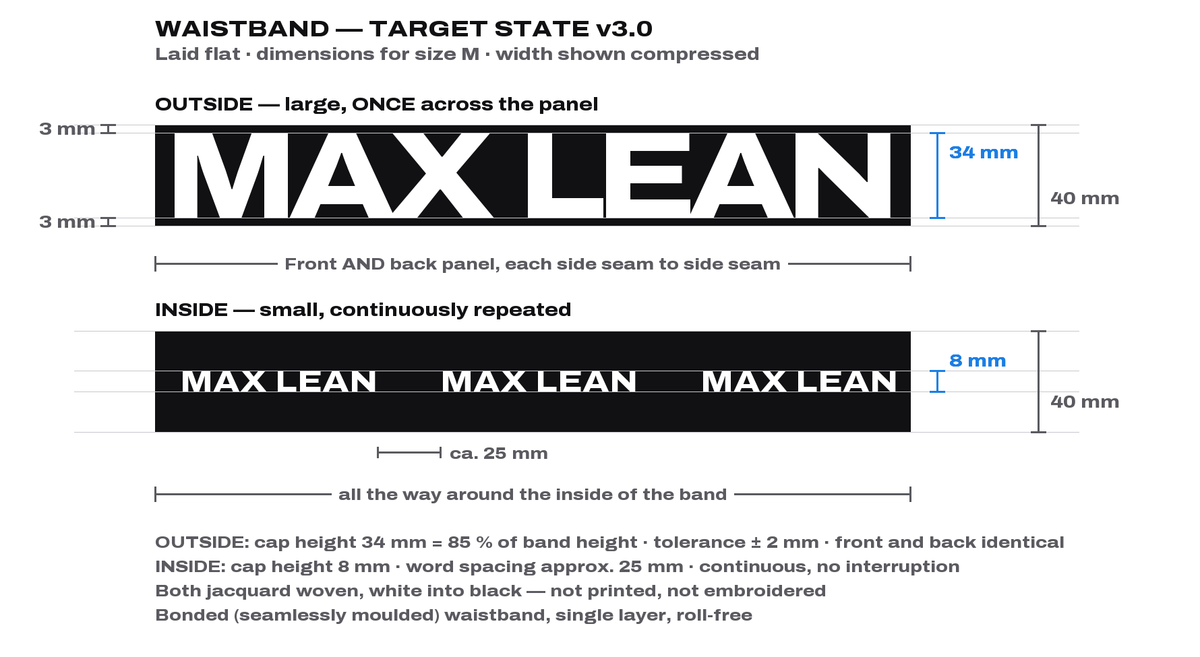 Technical drawing of the waistband: 40 mm height, wordmark at 85 per cent of band height