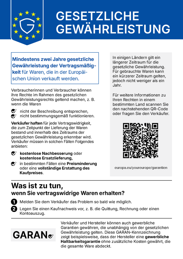 Harmonisierter EU-Hinweis auf die gesetzliche Gewährleistung — führt zum Portal Ihr Europa
